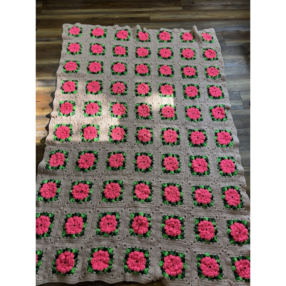 Granny square Handmade 3D Crochet Flower Afghan Blanket Tan Pink  48"x 72"vtg